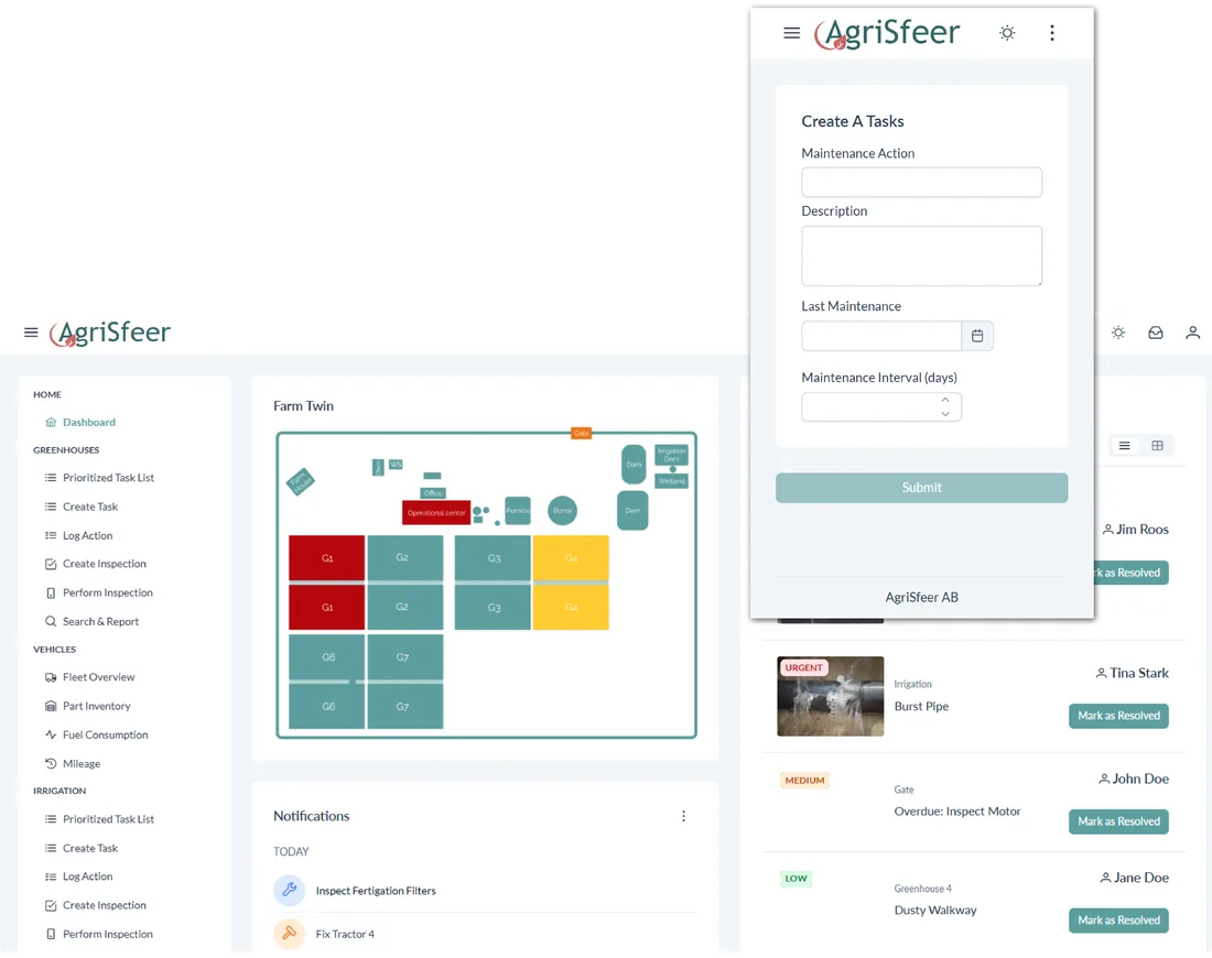 AgriSfeer dashboard with a greenhouse map, next to the mobile app